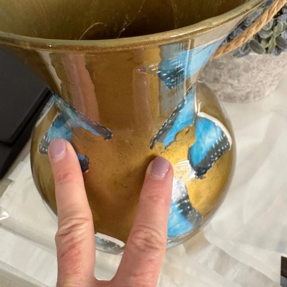 Vintage Hand Painted Gold Glass Vase Blue Butterfly Decoupage Floral Decor 9.5in